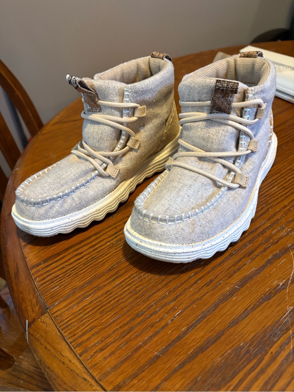 Hey Dude Women's Light Gray Tan High-Top Moccasin Booties